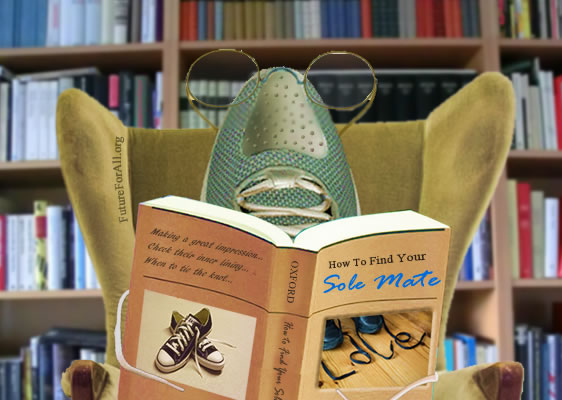 Shoe with glasses in a chair reading a book called how to find your sole mate