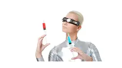 A futuristic person dressed in metallic silver has a device over their eyes like Geordi from Star Trek. They are holding up two syringes. One with red and one with blue liquid inside. They are looking to the right at the red syringe.