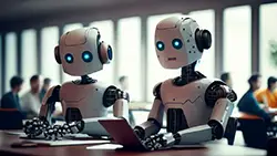 Two humanoid robots working in an office.
