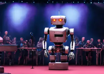 Robot on stage making jokes