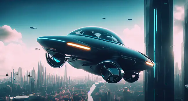 A flying passenger car in a futuristic city