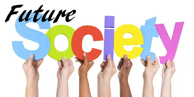 A group of diverse hands and wrists hold up multi-colored letters that closely spell out Society. The word Future is overlayed at the top left.