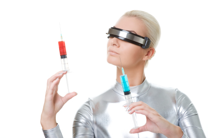 Futuristic woman holding 2 syringes filled with colored fluid