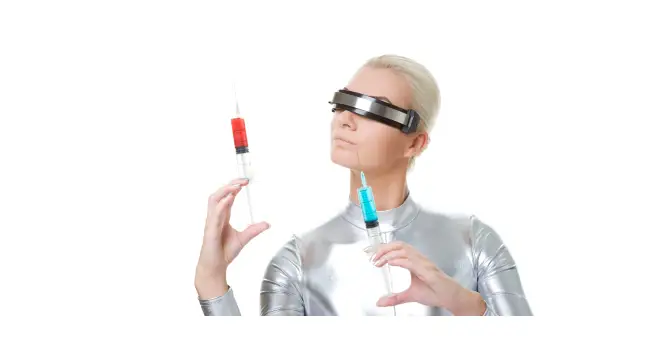 Futuristic woman holding 2 syringes filled with colored fluid