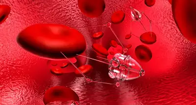 An illustration of nanobots with spiny legs injecting needles into floating red blood cells