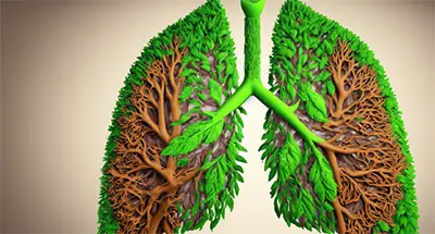 An illustration of a pair of human lungs made of roots and leaves. Some areas are brown and some are green.