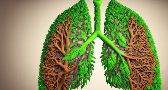 An illustration of a pair of human lungs made of roots and leaves. Some areas are brown and some are green.