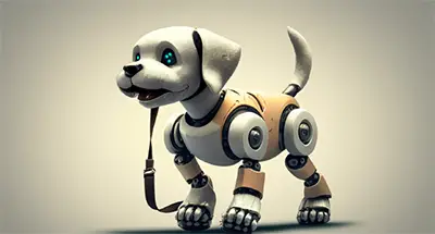 a robot puppy on a leash