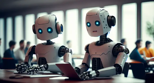 Two friendly humanoid robots working in a crowded office