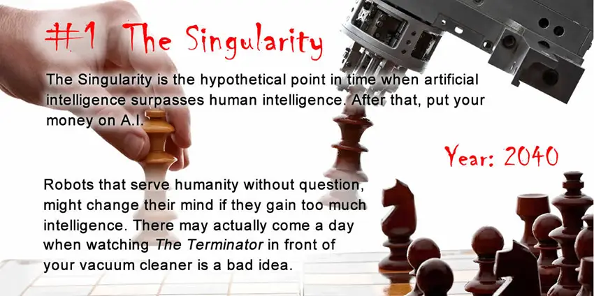 A closeup from the side of a human hand moving a chess piece on a chess board and a robot hand moving another piece. The text reads: #1 The Singularity. The Singularity is the theoretical point in time when artificial intelligence surpasses human intelligence. After that, put your money on AI. Robots that serve humanity without question might change their mind if they gain too much intelligence. There may actually come a day when watching The Terminator in front of your vacuum is a bad idea.