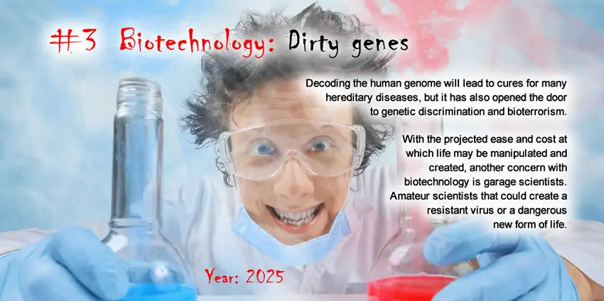 A young mad scientist with wild hair is wearing protective glasses and blue rubber gloves and holding a flask in each hand, one with red liquid, the other with blue liquid, and facing the camera. They have on a blue medical mask that is pulled down which reveals a crazy smile. The text reads: #3 Biotechnology. Decoding the genome will lead to cures for many heriditary diseases, but has also opened the door to genetic discrimination and bioterrorism. With the projected ease and cost at which life may be manipulated and created, another concern with biotechnology is garage scientists. Amateur scientists that could create a resistant virus or a dangerous new form of life.
