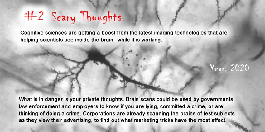 A grayscale xray image of a brain neuron with fuzzy tendrils branching out. The text reads: #2 Scary Thoughts. Cognitive sciences are getting a boost from the latest imaging technologies that are helping scientists see inside the brain--while it is working. What is in danger is your private thoughts. Brain scans could be used by governments, law enforcement and employers to know if you are lying, commited a crime, or are thinking of doing a crime. Corporations are already scanning the brains of test subjects as they view their advertising, to find out what marketing tricks have the most affect.