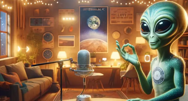 a friendly alien extraterrestrial doing a podcast