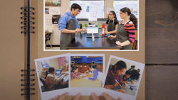 A scrap book with picture of students working together