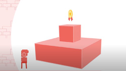 A pixelized character in front of pyramid shaped 2 levels with a prize ribbon floating above the top level