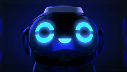A closeup view of a robot with brightly lit blue eyes and mouth in a darkened room.