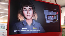 a digital human displayed on a large monitor at a retail store for customer service