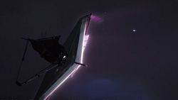 Artist's rendition showa a closeup of the James Webb Space Telescope in space