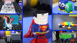 A collage of images of multi-colored 3d printed models.