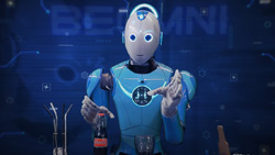 A front view of a light blue humanoid robot preparing to grab a soda bottle.