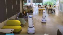 a cafe with two rolling robots serving customers