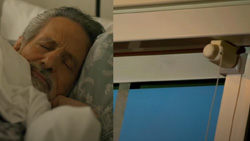A split screen shows a person sleeping on the left, on the right side a motor is attached to the top of a sliding glass door
