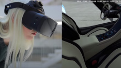 A split image. On the left is a side view of a person with bulky, black, VR goggles on leaning forward. On the right side is the realistic view of the interior of a concept car looking in from the passenger window.