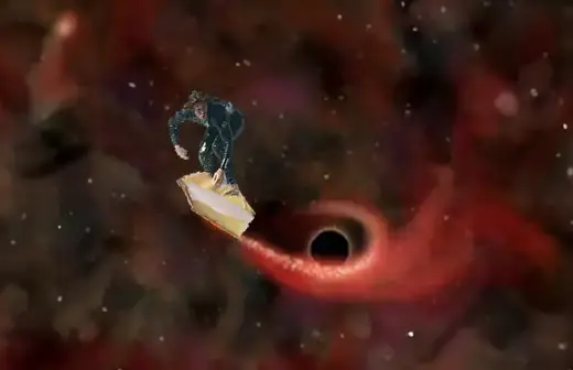 a surfer on a piece of pie headed towards a black hole