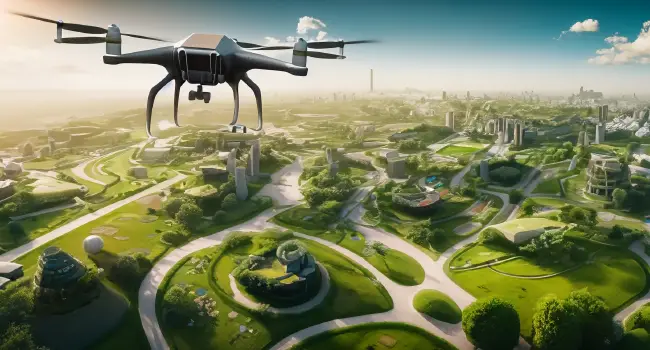 drone in flight over futuristic garden city