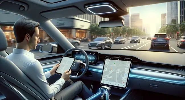 a realistic picture of a self-driving car on the road with a person in the back seat looking at a tablet