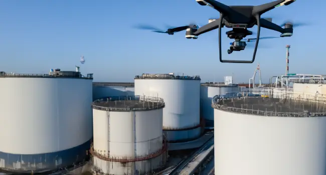 Inspection drone flying over chemical tanks