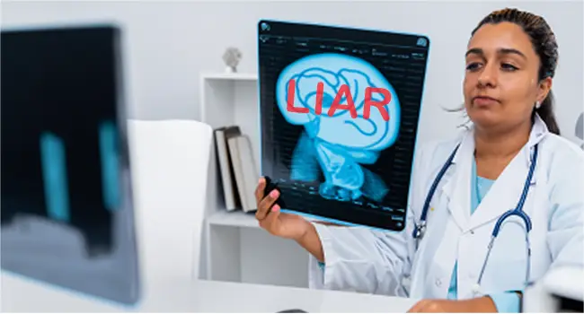 A doctor is presenting a brain scan to a webcam. The brain scan has LIAR in big red letters