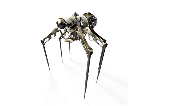 artists depiction of scary nanobot standing with 6 long sharp pointed legs and a single camera for an eye