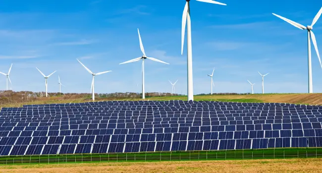 A large field in the country with solar panels and wind turbines in the distance