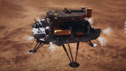 A closeup of an artist's rendition of a probe landing on Mars. It has four landing legs and has small thrusters on the side that are shooting out steam