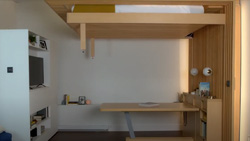A wooden bed is being lowered from the ceiling is a small living space