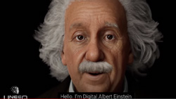 a closeup of a realistic computer generated image of Albert Einstein. The text reads Hello. I am digital Albert Einstein.