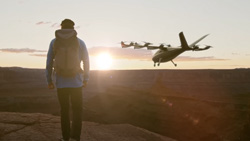 A view at sunset, from behind a person standing at the edge of a cliff looking at a small aircraft headed to the horizon