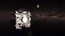 An artist's rendition of the OSIRIS-REx spacecraft in space with the asteroid Bennu and the Milky Way in the background