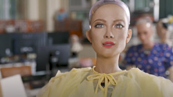 A closeup of Sophia the AI robot.