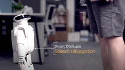 A closeup of a white humanoid robot on the left looking up at a person wearing grey shorts on the right with a blurred background. Text reads Smart Dialogue, Speech Recognition