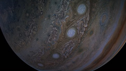 A closeup of the planet Jupiter.