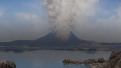 An artist's rendition of an early Venus landscape shows a lake in the foreground and a volcano in the background with a blue sky with clouds.