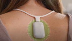 A closeup of a person's back with a 1 inch by 2 inch white device with rounded edges that is hanging vertically from a plastic necklace that looks like a usb cable.