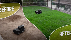 a before and after photo shows a tank-like robot on dirt in the before image and the same robot on thick grass in the after picture