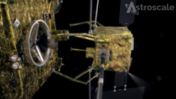 A closeup of an artist's rendition of a cubed gold satellite with 4 grappling legs on the left side about to grab onto another larger silver and gold satellite.