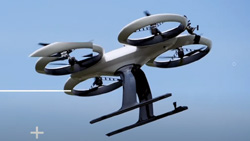 a white quadcopter with two fixed black landing legs similar to a helicopter