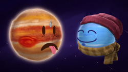 A drawing of a Jupiter looking planet with black cartoon eyes and mouth in a frown has tongue sticking out and sweat on forehead. On the right is a blue planet with a scarf and cap and a smiling cartoon face