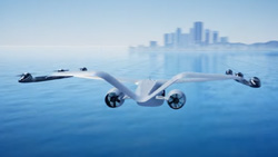 A white aircraft viewed from the rear is flying above water headed towards a hazy city skyline during the day. The aircraft's wings are bent like a seagull in flight. There are 3 drone-like propelllers on each side at the end of the wings facing upwards and 2 propellers on each side of the hull facing front and back.