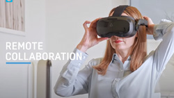 A person is putting on a VR headset. The text reads Remote Collaboration.